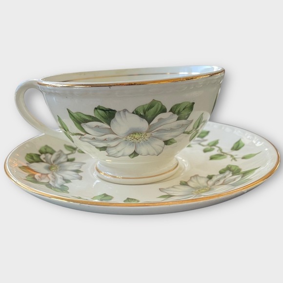 Homer Laughlin Eggshell Georgian Cotillion Tea Cup Saucer Set 6 Magnolia Floral - Picture 2 of 5